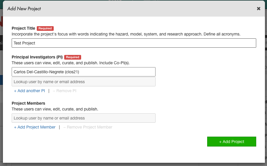 Creating a new project in DesignSafe’s Data Depot.